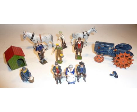 Britains set 127F Metal Wheel Tractor (damaged), horse and farmer for Gig with various Farm people, animals and accessories, 