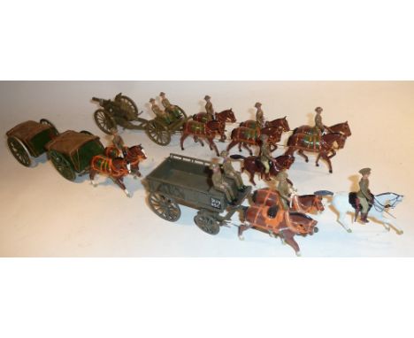 Britains neatly repainted or converted Horsedrawn Vehicles in service dress, steel helmets, Royal Field Artillery 18pdr and t