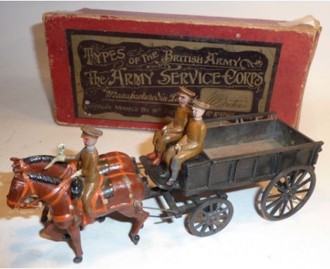 Britains set 146a, Army Service Corps Supply Wagon Service Dress, fumed metal finish to wagon,  with two seated men, peak cap