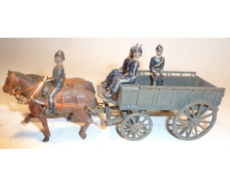 Britains set 146, Army Service Corps Supply Wagon Full Dress, FIRST VERSION, collar harness, grey finish to wagon, with two s