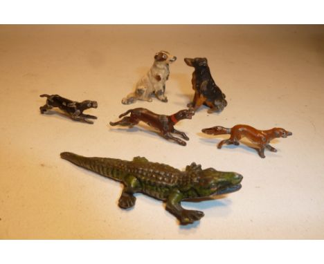 Britains Farm with some Heyde and other figures Heyde No.2 scale two hounds, a fox, a crocodile and two larger scale dogs, ho