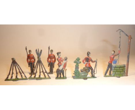 German made semi-flat 45mm scale Camp figures and 58mm scale Noris Admiral, including three semi-flat vignettes, and various 
