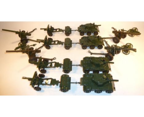 Crescent diecast Army Vehicles and Guns four Saladin armoured cars with limbers and 25pdr guns (traverse wheels missing), fou