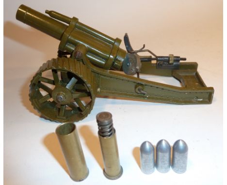 Britains Artillery 2107, 18inch Howitzer on tractor wheels, khaki finish, in original box (box P) with three aluminium shells