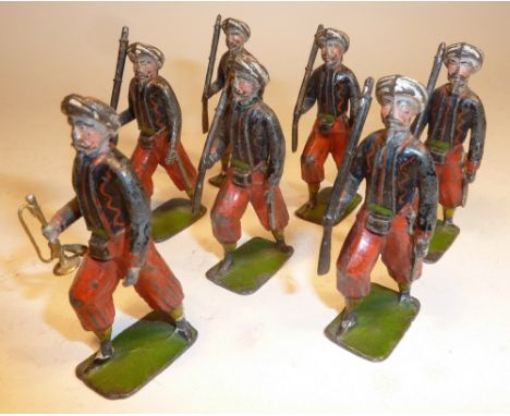 German made French Zouaves 58mm scale, possibly by Noris, marching holding rifles with bugler G-F, two turban tails missing) 