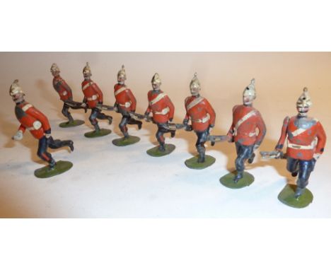 Britains set 97, Royal Marine Light Infantry RARE FIRST VERSION, white helmets, pigeon chested, bare metal finish to rifle ba