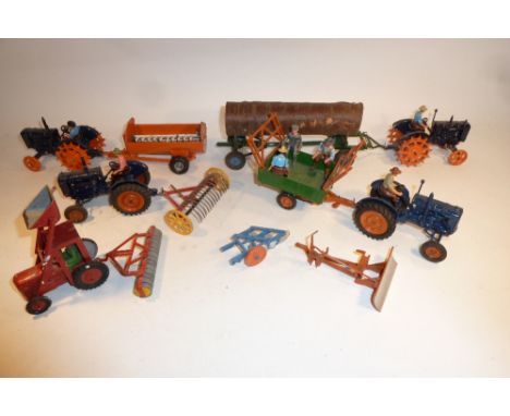 Britains and other mostly neatly repainted Farm Tractors and Trailers two 127F metal wheel tractor, two 128F rubber tyred tra