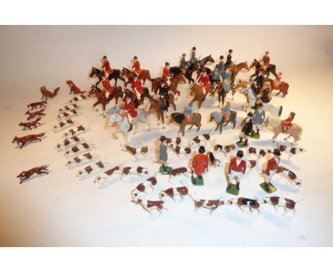 Britains Hunting Series neatly repainted sixteen mounted huntspeople, six on foot, four mounted children, ten running hounds,