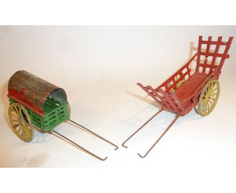 DC (French) Farm Hay Wagon and small covered wagon (G, horses missing), Britains Timber Carriage, Horse Roller, various other