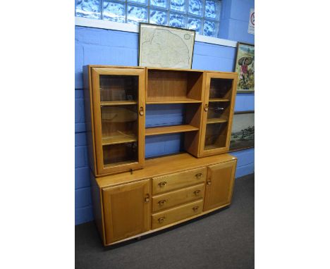 Ercol light elm display sideboard, 155cm wide x 161 cm high x 43 cm deep Appears in good used condition with some minor surfa