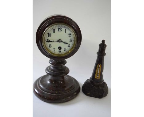 Cornish Serpentine model of a lighthouse with barometer together with a pedestal clock encased in marble, 27cm high (2)