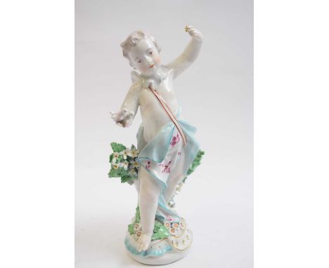 An 18th century Derby patch mark figure emblematic of Peace modelled as Cupid holding a pair of doves22cm highGood condition 
