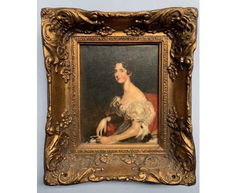 (British School, 20th century), oleograph, portait of a lady, signed 'Hunt' to lower right 9.5x7.5ins, ornate gilt framed.