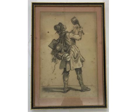 pencil sketch heightnened in white, of a male tinker figure, mounted, framed and glazed
