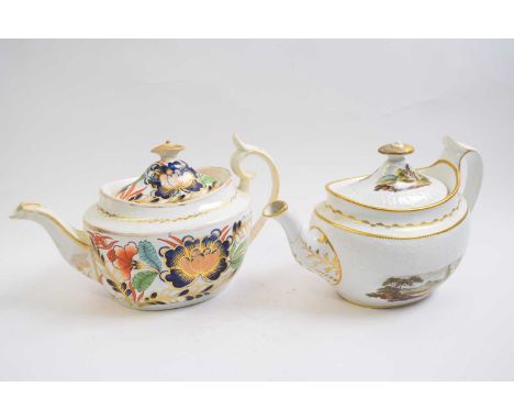 Two English early 19th Century teapots, one Spode pattern 1926 with painted floral landscape decorations and the second Minto