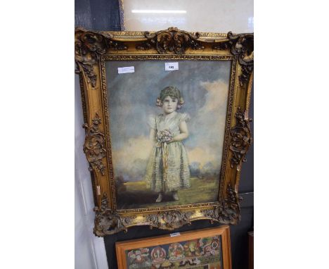 Study of a young girl with a bunch of flowers, coloured print, gilt framed and glazed