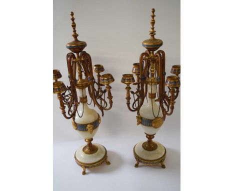 A pair 19th century French gilt metal, alabaster and champlevé enamel candelabra, signed F Barbedienne, approximately 51cm hi