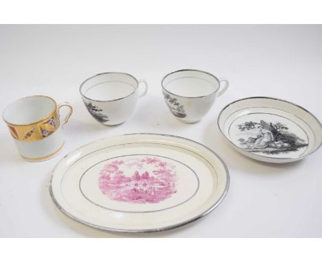 Early 19th Century teapot stand decorated with a puce print with figures with house in the background together with a Spode c