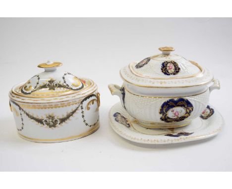 Early 19th Century Spode sucrier and cover, pattern 319 together with a further small terrine and cover and a stand with blue