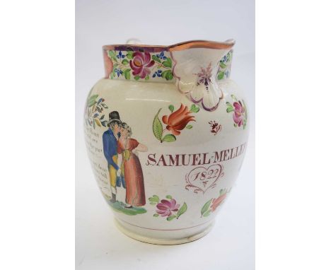 Pearl ware marriage jug decorated with a verse and print of a drinking sign, inscribed Samuel &amp; Meller dated 1822, 17cm h
