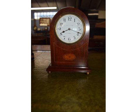 Small Edwardian mantel clock in mahogany case with inlaid detail, the face indistinctly signed possibly Gaylon &amp; Sons, Ki