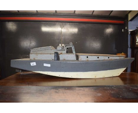 Vintage wood and metal toy boat with engine, sold for restoration, 90cm wide