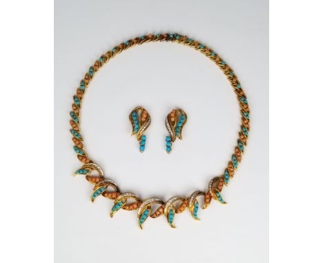 18K Gold Turquoise & Coral Necklace and Earrings Set. Stamped '18K' on clasp.Total Weight: 73.7 g / 47.4 dwtLength: 16 in.- A