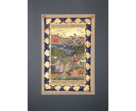 Antique Hand Illuminated Persian Manuscript Painting. Image Size: 13.75 x 9.5 in. Unframed.