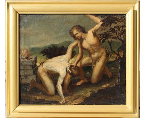 17th C. Old Master Painting of Cain and Abel. Oil on canvas. Original canvas and stretcher. Sight Size: 22 x 25.5 in. Overall