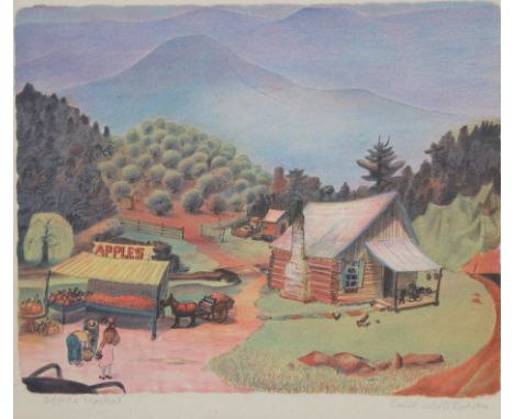 Buell Whitehead (Florida, 1919-1993) "Apple Market" Lithograph. Pencil signed and titled in lower margin. Image size: 10 x 12