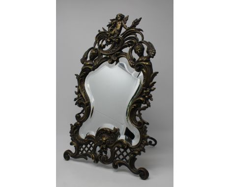 Antique Louis XV Silvered Bronze Figural Mirror. With a Cherub flanked by two women figures near the crest of the mirror. Hei