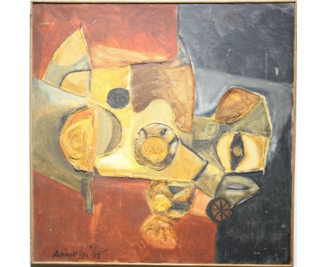 K M Adimoolam  (India, 1938 - 2008) Oil on canvas abstract painting.  Signed and dated '68 lower left.Sight Size: 24 x 24 in.