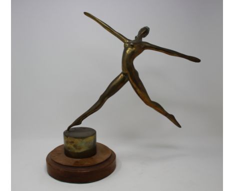 Mid Century Bronze Ballet Dancer on Wood Base. Appears to be unsigned. Height: 15 inches.