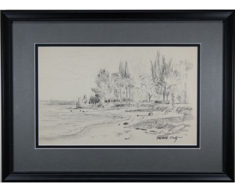 Emmett Fritz (Florida, 1917 - 1995) Pencil Sketch. of a Florida Coastal Scene. Signed lower right. Sight Size: 7.5 x 12 in. O