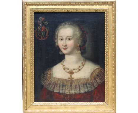 17th C. Spanish School Portrait of a Woman. With Royal Family Crest upper left. Oil on Canvas. Sotheby's label verso. Provena