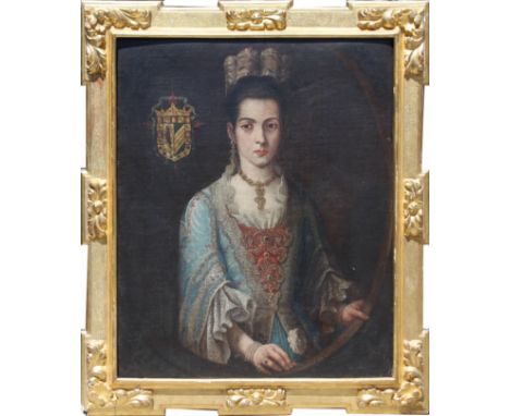 17th C. Spanish School Portrait of an Elegant Woman. With Royal Family Crest Upper Left. Faintly inscribed in lower portion. 