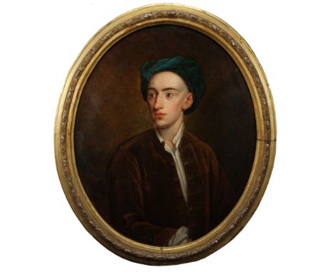 18th C. European School Portrait of a Gentleman Housed in an Oval Frame. Partial old label verso. Appears to be unsigned. Oil