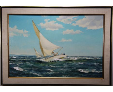 M G Friedrich (1800 - 1899) Yachting painting. Signed lower right. Oil on canvas. Sight size: 23.5 x 35 in. Overall Size: 30 