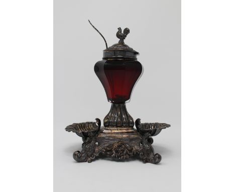 Rooster Motif, Red Glass &amp; Tin Sugar Dish. Stamped on both sides. Having shell dishes to each side along with rooster for