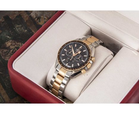 A modern Omega Seamaster 1957 automatic stainless steel and 18ct rose gold wristwatch Full Set, 40mm case, black dial with th