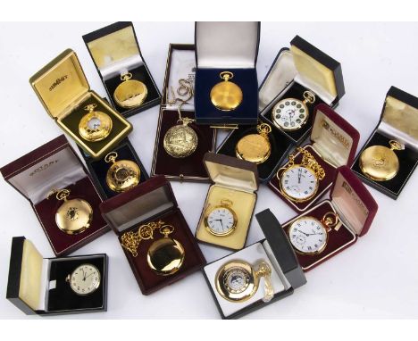 A collection of 15 modern gold plated and other pocket watches, most in boxes, two Roamer, one Rotary, and most mechanical ma