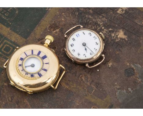 An early 20th century Continental 18ct gold half hunter lady's watch and a damaged 9ct gold lady's wristwatch head, 35mm, the