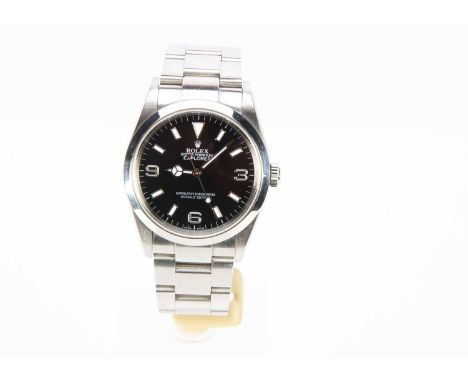 A 2000s Rolex Oyster Perpetual Explorer stainless steel wristwatch, 36mm, ref. 114270, black dial with part batons and numera