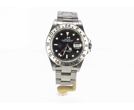 A 1990s Rolex Oyster Perpetual Date Explorer II stainless steel wristwatch Full Set, 40mm, ref. 16750, black dial with dot an