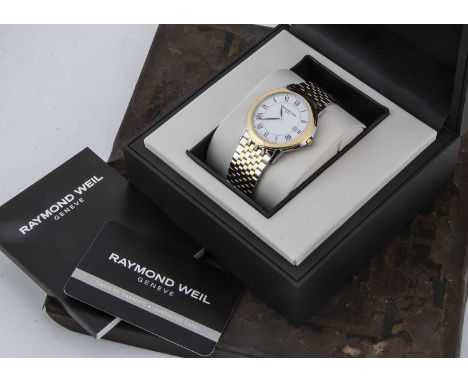A modern Raymond Weil quartz stainless steel and gold plated wristwatch, 39mm, white dial with roman numerals and date apertu
