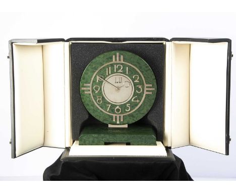 A cased modern Dunhill Art Deco style quartz mantle clock, ref. NXQR, green stained wooden base with circulated mounted dial 