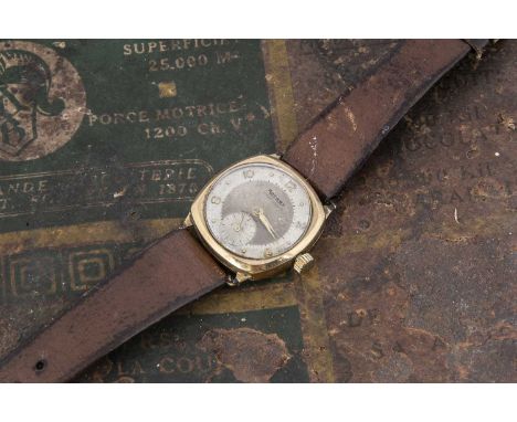 A c1960s 9ct gold cased Rotary Super-Sports mid sized wristwatch, 28mm, appears to run, one brown leather strap, tatty