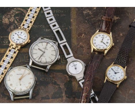 Six watches, including a 34mm stainless steel cased Roamer, running, a Rotary, not running and four ladies fashion watches (6