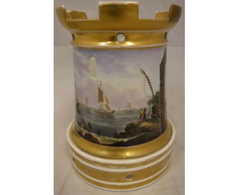 A 19th Century French hand-painted porcelain candle light holder of castellated form, decorated with a coastal landscape, sai