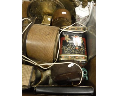 A box containing assorted sundry items to include a mahogany and inlaid balloon shaped mantle clock, a further oak cased mant